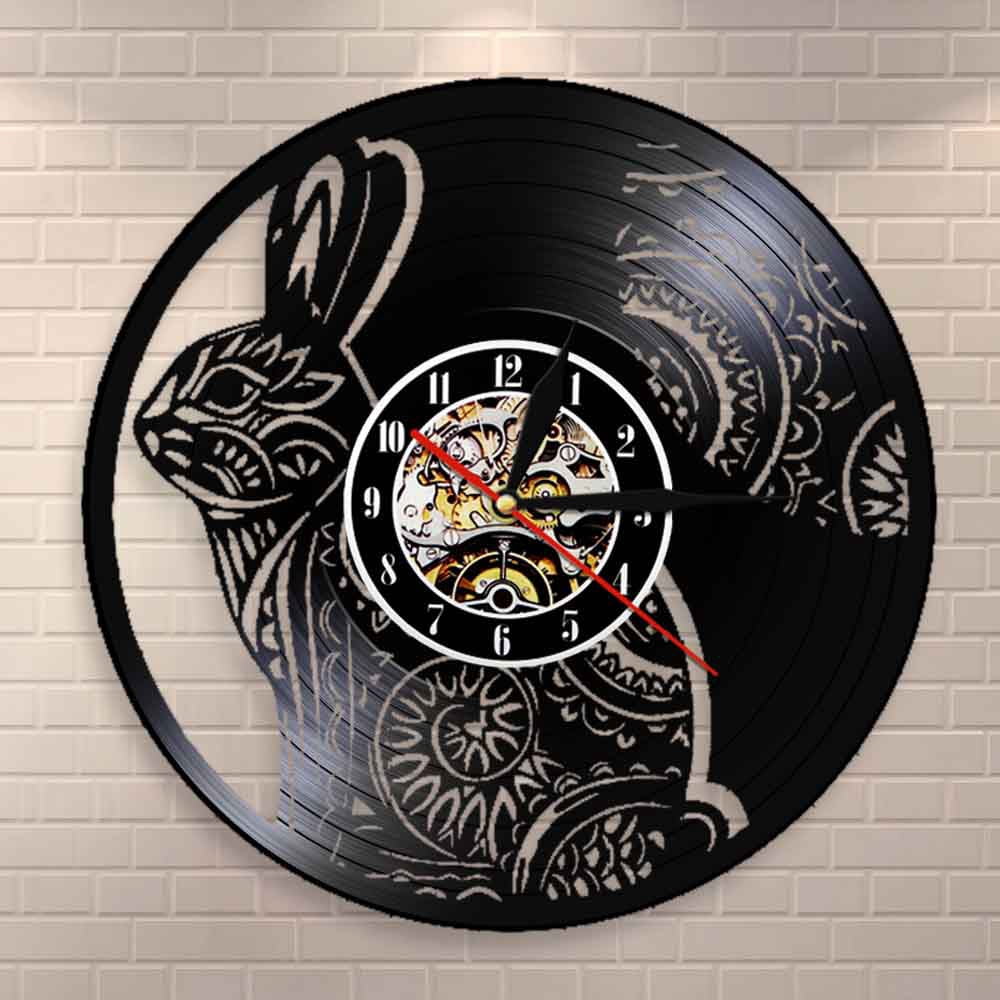 Eastern Rabbit Clock Rabbit Floral Mandala Animal Wall Watch Clock Bunny Vinyl Record Wall ...