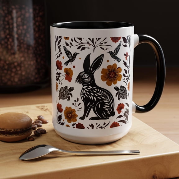 Rabbit Floral Mug Woodland Linocut Bunny Nature Coffee Cup Cottagecore Animal Mug Forest Rabbit Gift for Her