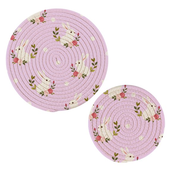 Rabbit Flower Dots Pattern Cotton Trivets Potholders Set of 2 Handmade Heat Resistant Non Slip Absorbent