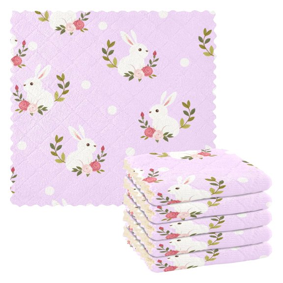 Rabbit Flower Dots Pattern Dish Towels 6 Pack Kitchen Cleaning Dish Cloths Absorbent Reuseable Cleaning Cloths 11'' x 11''