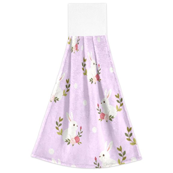 Rabbit Flower Dots Pattern Hand Towels 2 Pack Quick Dry Velvet Soft with Velcro Kitchen Bath 14x18in