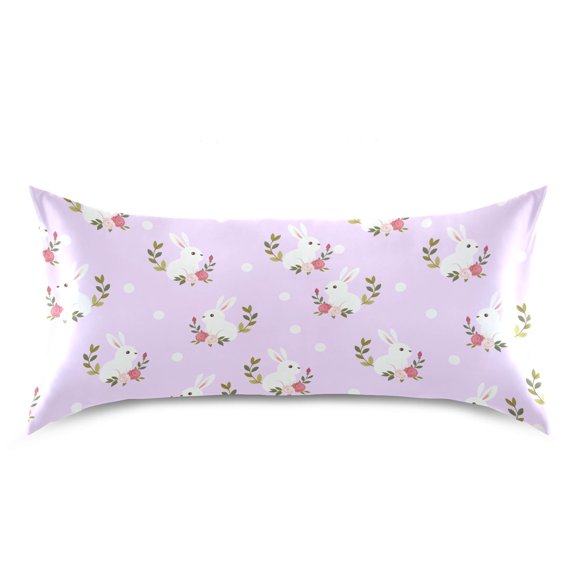 Rabbit Flower Dots Pattern Pillow Case Standard Size Silky Satin Pillow Cover for Bedroom 20x26 Inch