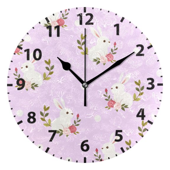 Rabbit Flower Dots Pattern Wall Clock 10in Round Artistic Oil Painting Home Decor Desk Table Clock