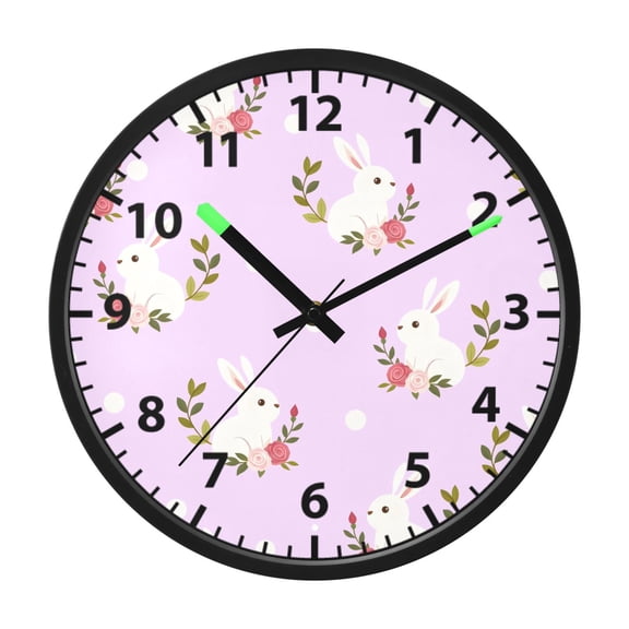 Rabbit Flower Dots Pattern Wall Clock 12 Inch Voice Activated Night Light Silent Non Ticking