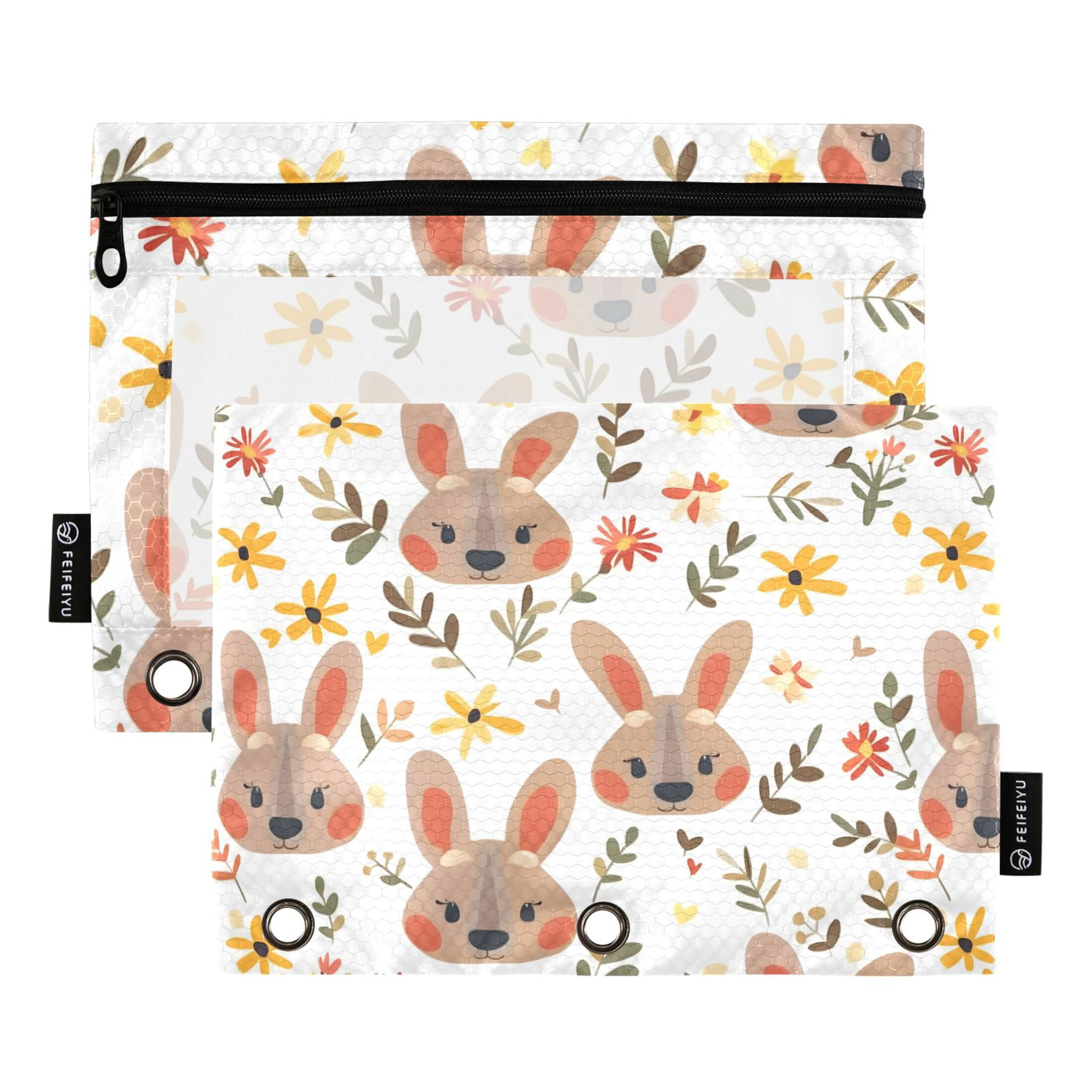 Rabbit Flower Leaf 2 Pack Pencil Pouch for 3 Ring Binder Smooth Zipper ...