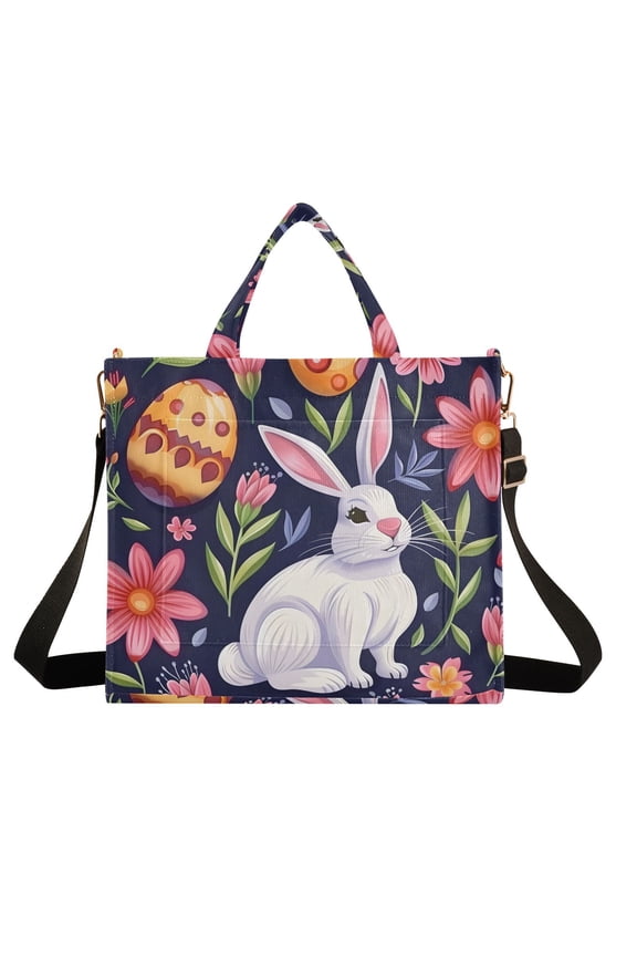 Rabbit Flowers Easter Eggs Corduroy Tote Bag Handbag Large Messenger Bag Shoulder Crossbody Zipper Bag Purse