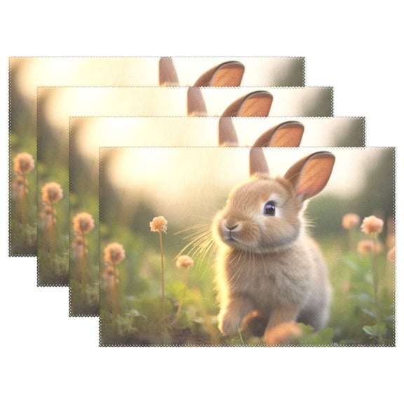 Rabbit Flowers Grassland 12×18 inch Placemats Heat Resistant Washable Foldable Rectangular Placemats Set Decoration Indoor Outdoor for Kitchen Dining Table 6PCs