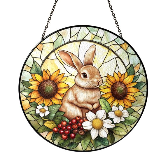 Rabbit With Flowers Stained Glass Style Suncatcher Window Hanging Decor, Spring Rabbit Floral Decorative Glass Panel Art for Easter Window Decoration, Mother's Day Gift for Mom or Grandma