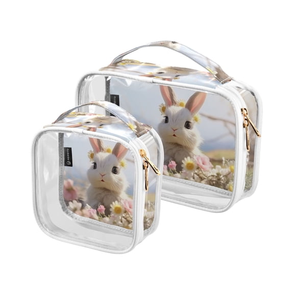 Rabbit Flowers White Clear Cosmetic Bags with Handles PVC Toiletry Bags Zipper Waterproof Portable for Traveling 2 Pcs