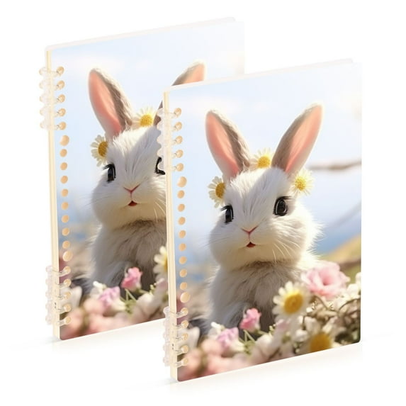 Rabbit Flowers White Ring Binder Notebook Journey Note Diary College Ruled Spiral Notebook Study Loose Leaf Paper A5 60 Pages