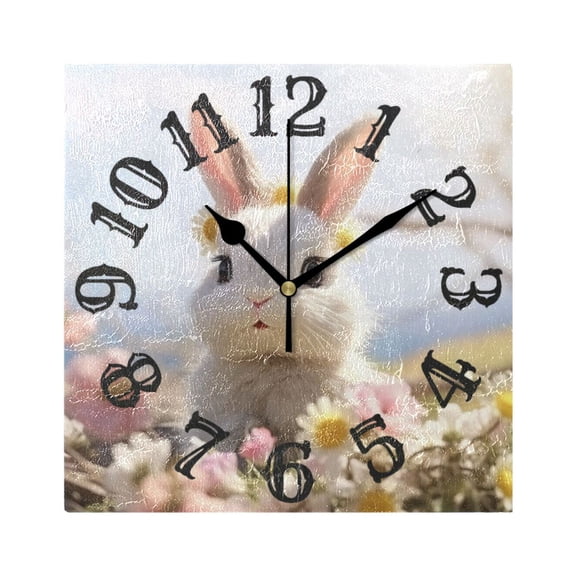 Rabbit Flowers White Wall Clock Square Silent Non Ticking Battery Operated Clock for Home Bathroom Kitchen Bedroom Living Room