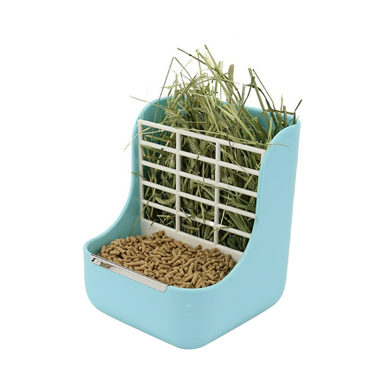 Rabbit Food Bowl Guinea Pig Food Bowl 2 in 1 Hanging Automatic Rabbit Feeder Dispenser for Small Animal Hay Feeder Blue