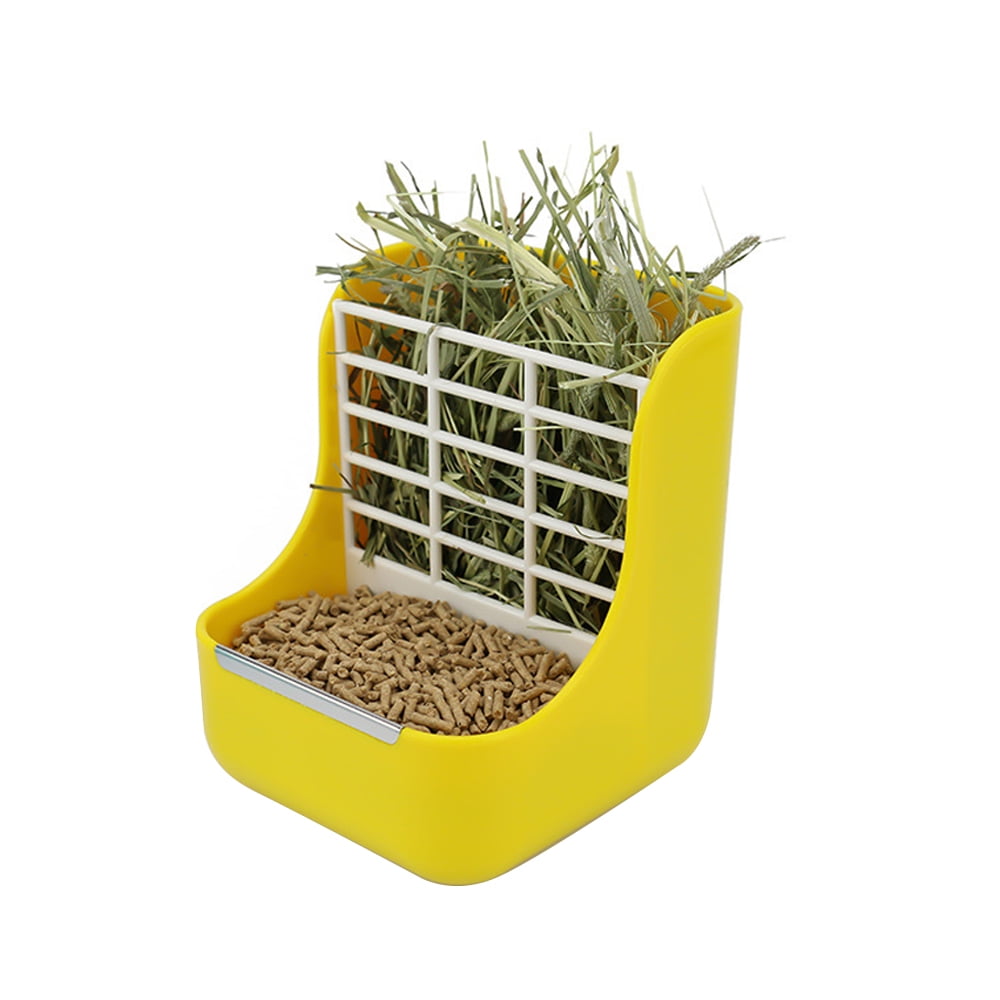 Rabbit Food Bowl Guinea Pig Food Bowl 2 in 1 Hanging Automatic Rabbit Feeder Dispenser for Small Animal Hay Feeder Yellow