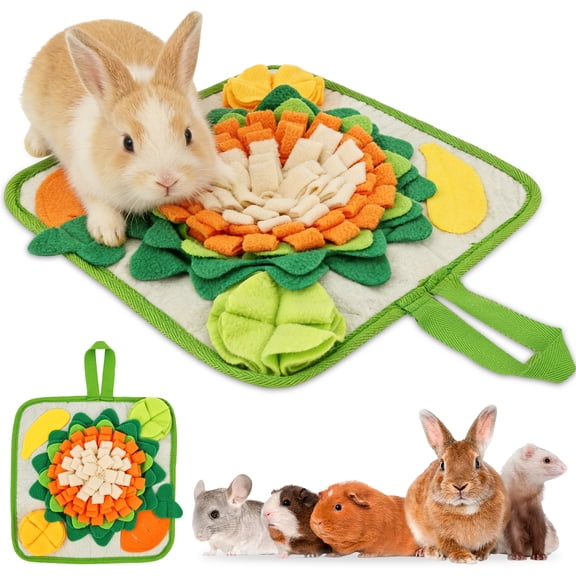 Rabbit Foraging Mat Snuffle Mat for Small Animals Rabbit Toy 11.8"x11.8" Rabbits Snuffle Mat Pets Interactive Feeding Matt Treat Dispenser for Bunny Guinea Pigs Ferrets Chinchillas (Green and Orange)