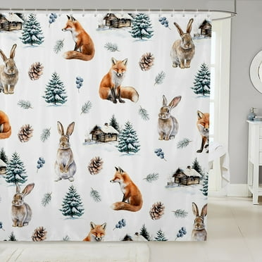 Rabbit Fox ' Shower Accessories,Rustic Farmhouse Animal Shower Curtain,Vintage Cabin Lodge Fabric Shower Curtain,Winter Snow Pinecone Branches Botanical Bath Curtain,72"Wx72"L