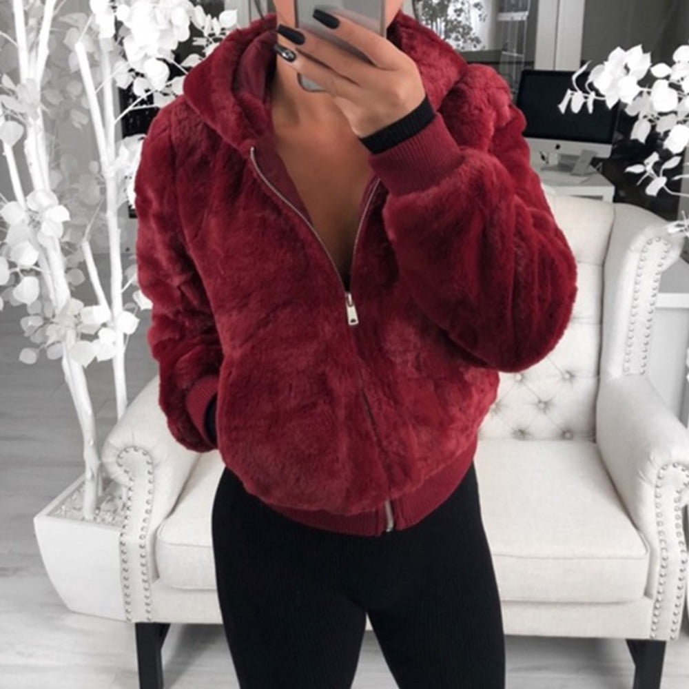Rabbit Fur Faux Plush Jacket Long Sleeve Hooded Thick Warm Winter