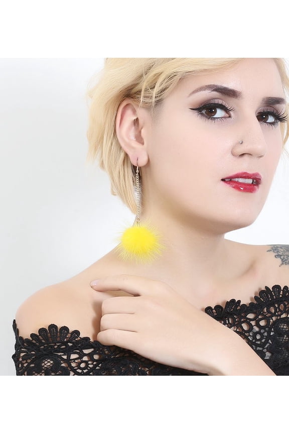 Rabbit Fur Pom Pom Op Earring Gold Chainlink Dangling Earring Ear Op For Women[Z4706]