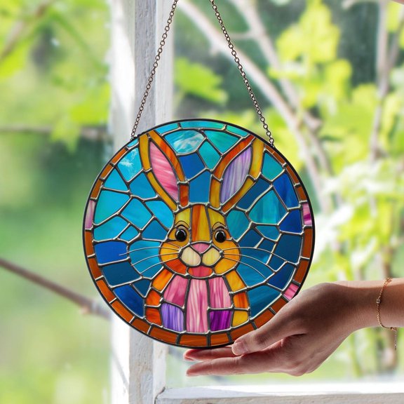 Rabbit Glass Suncatcher v2, Whimsical Bunny Window Art, Spring Woodland, 3.5 in