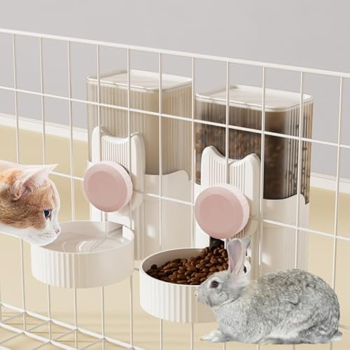 Rabbit Gravity Auto Feeder Set 35oz Hanging Automatic Food Water Dispenser Cage Automatic Feeder Set for Rabbit Chinchilla Guinea Pig Hedgehog Ferret Kitty Puppy (Pink)