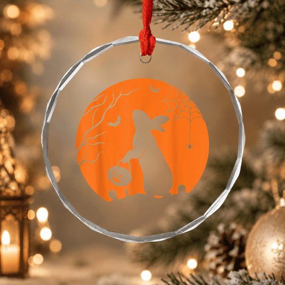 Rabbit Halloween Rabbit with Pumpkin Bunny Ornament, Holiday Decor, Circle Glass Ornament