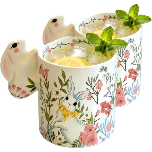 Rabbit Handle Ceramic Mug Set - 320ml Bunny-Themed Coffee Cup for Home, Spring, or Casual Gatherings (2-Pack, B)