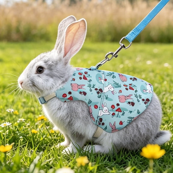 Rabbit Harness and Leash Set for Outdoor Training Camping Walking, Escape Proof Clothes Bunny Outfits for Rabbits, Kittens, Ferrets, Guinea Pigs (Green, L)