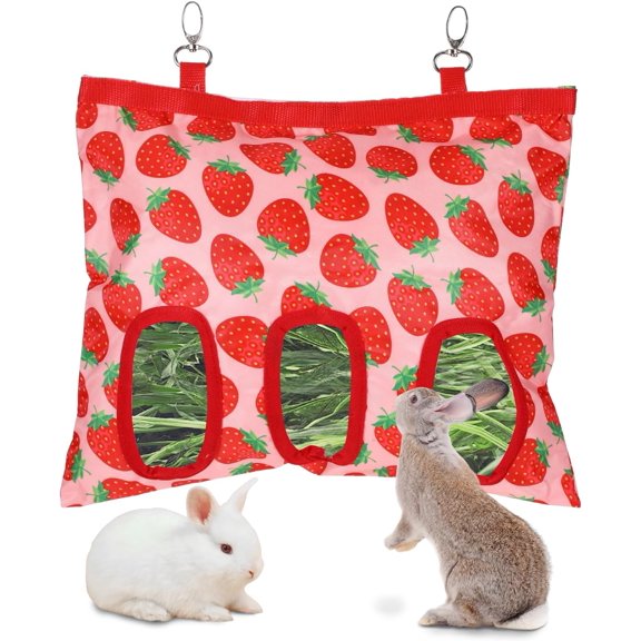 Hanging Hay Feeder Bag with 3 Holes, Washable Fabric Holder 13 x 10.8 inch, Green, Includes 1 Feeder for Rabbits, Guinea Pigs and Chinchillas