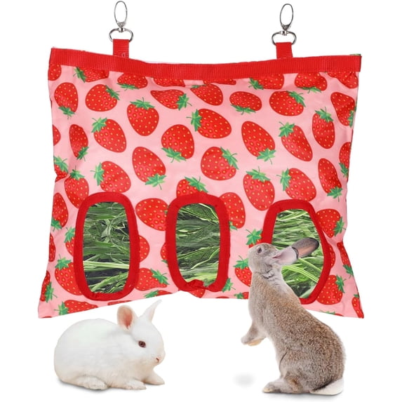 3-Hole Guinea Pig Hay Feeder, 13x10.8Inches, Rabbit Hay Feeder Bag, Stainless Steel, 600D Oxford, Watermelon and Strawberry