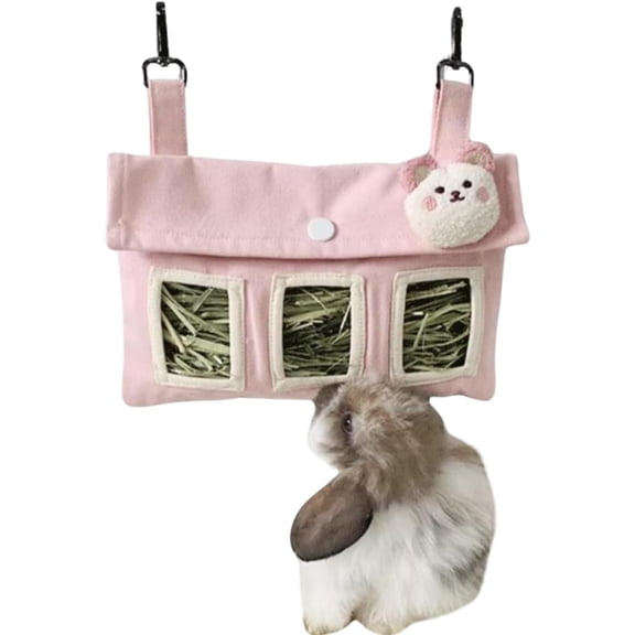 Rabbit Hay Feeder Bag with Cute Pendant, Storage Guinea Pig Feeder Rack Bag, Large Capacity Cotton Canvas Hanging Bag for Bunnies Chinchillas Guinea Pigs