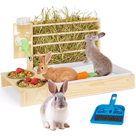 Rabbit Hay Feeder with Litter Box, Small Animals Hay Rack with Water Bottle, and 2 Bowls, Wooden Bunny Hay Holder Feeder Toilet Combo for Rabbit, Guinea Pig, Hamster, Hedgehog, Chinchillas