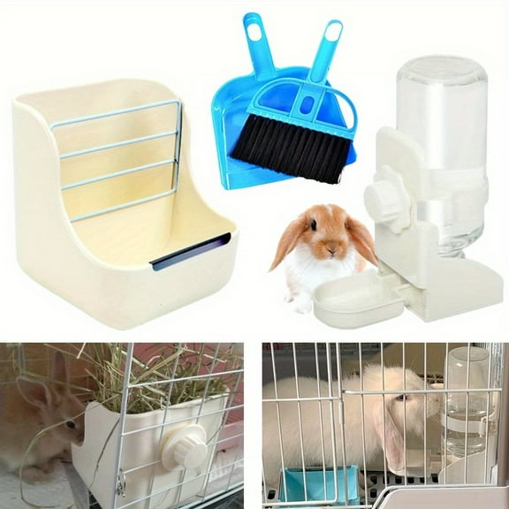 Rabbit Hay Feeder and Water Bottle Set, Large White Bunny Food Bin with 500ml Hanging Water Dispenser for Guinea Pig Chinchilla