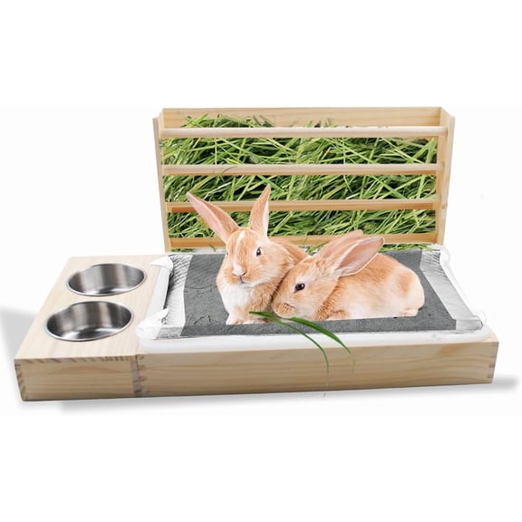 Rabbit Hay Feeder with Litter Box, 3 in 1 Wooden Bunny Feeder, Small Animal Hay Holder Rack for Rabbit, Guinea Pig, Hamster, Ferrets