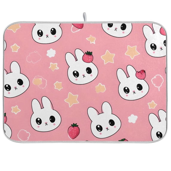 Rabbit Head Strawberrys Dish Drying Mat Dish Drainer Rack Mats Water Absorbent Non-Slip Easy Clean Heat Resistant for Kitchen Counter