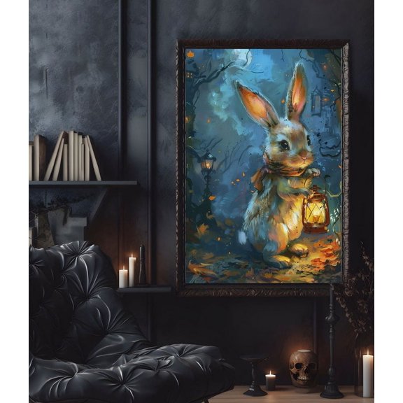 Rabbit Holding Lantern In The Fall Poster Print, Halloween Poster, Poster For Halloween, Wall Art Halloween, Rabbit Décor