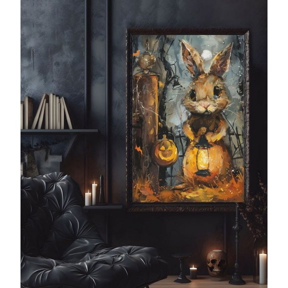 Rabbit Holding Lantern In The Fall Poster Print, Halloween Poster, Poster For Halloween, Wall Art Halloween, Rabbit Decor, Rabbit Home Décor