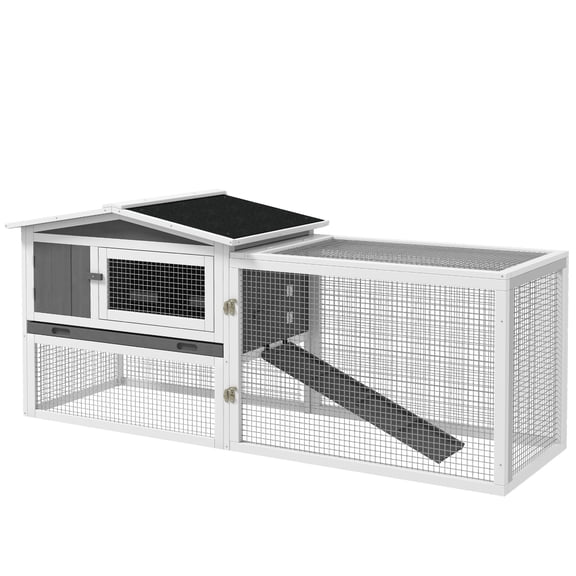 Rabbit Hutch 2-Story Bunny Cage Small Animal House with Slide Out Tray, Detachable Run, for Indoor Outdoor, 61.5" x 23" x 27", Light Gray