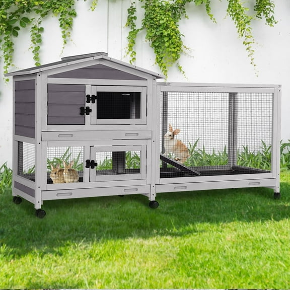 Rabbit Hutch 62" Mobile Bunny Cage Outdoor Indoor on Wheels with 3 Tray