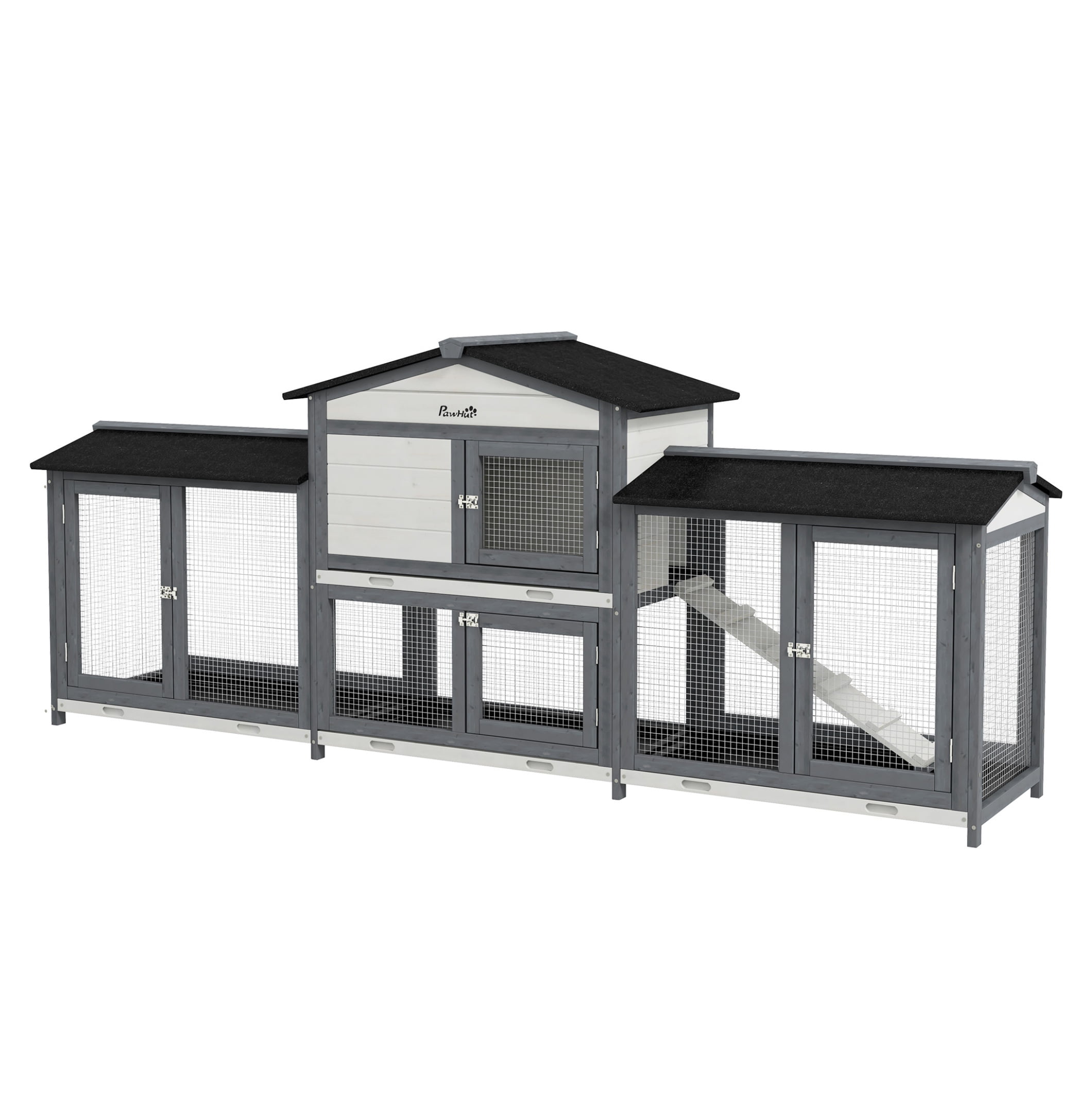 Rabbit Hutch 90.5" Wooden Bunny Cage - Double Run Boxes, Ramp, Pet Playpen for Guinea Pig & Small Animals, Light Gray