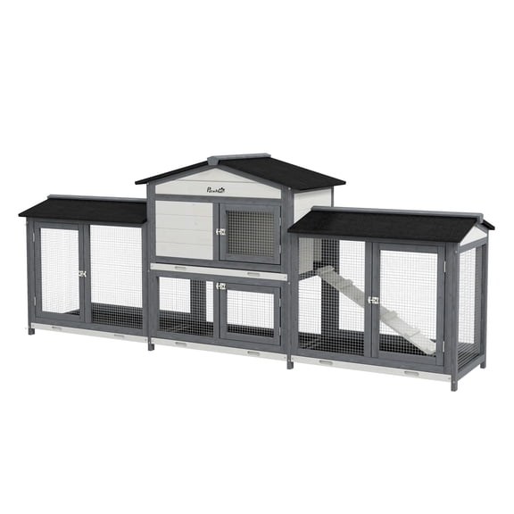 Rabbit Hutch 90.5" Wooden Bunny Cage - Double Run Boxes, Ramp, Pet Playpen for Guinea Pig & Small Animals, Light Gray