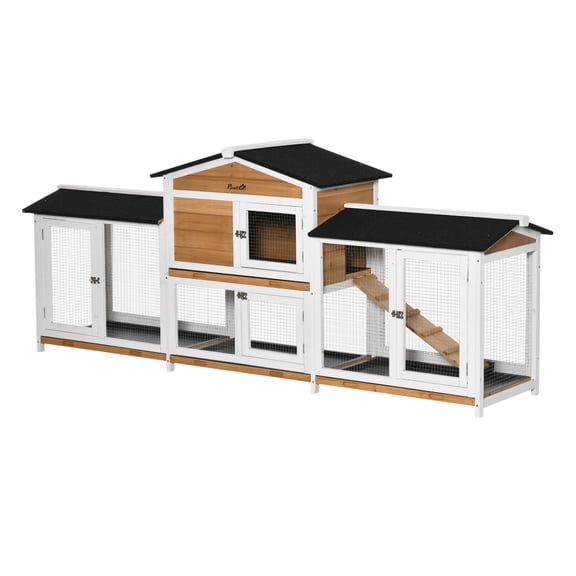 Rabbit Hutch 90.5", Wooden Bunny Cage with Run, Guinea Pig House - Double Side Boxes, Ramp, No Leak Trays, White