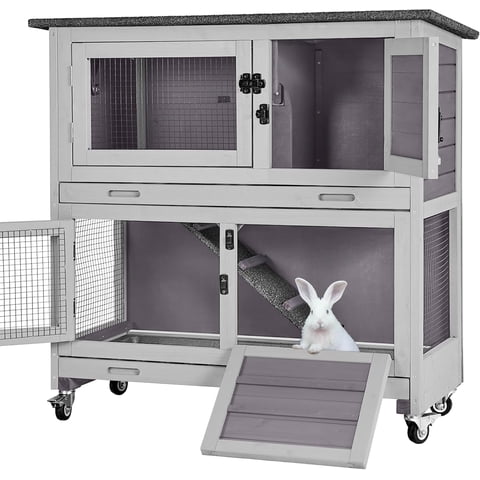 Aivituvin Rabbit Hutch Indoor, 36'' Bunny Hutch Outdoor, Mobile Rabbit Cage with Wheels, 2-Story Bunny Cage with 2 Pull Out Trays, Wooden Guinea Pig Cage (Grey)