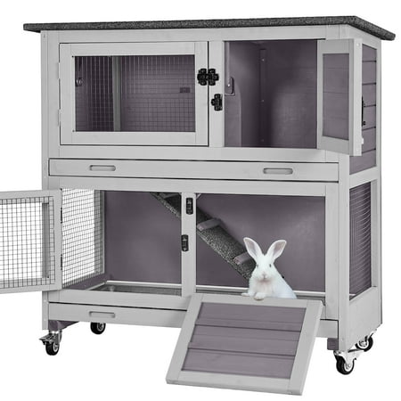 Aivituvin Wheeled 2-Story Regular Wood Rabbit & Guinea Pig Small Animal Hutch