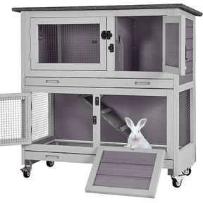 Aivituvin Rabbit Hutch Indoor, 36'' Bunny Hutch Outdoor, Mobile Rabbit Cage with Wheels, 2-Story Bunny Cage with 2 Pull Out Trays, Wooden Guinea Pig Cage (Grey)