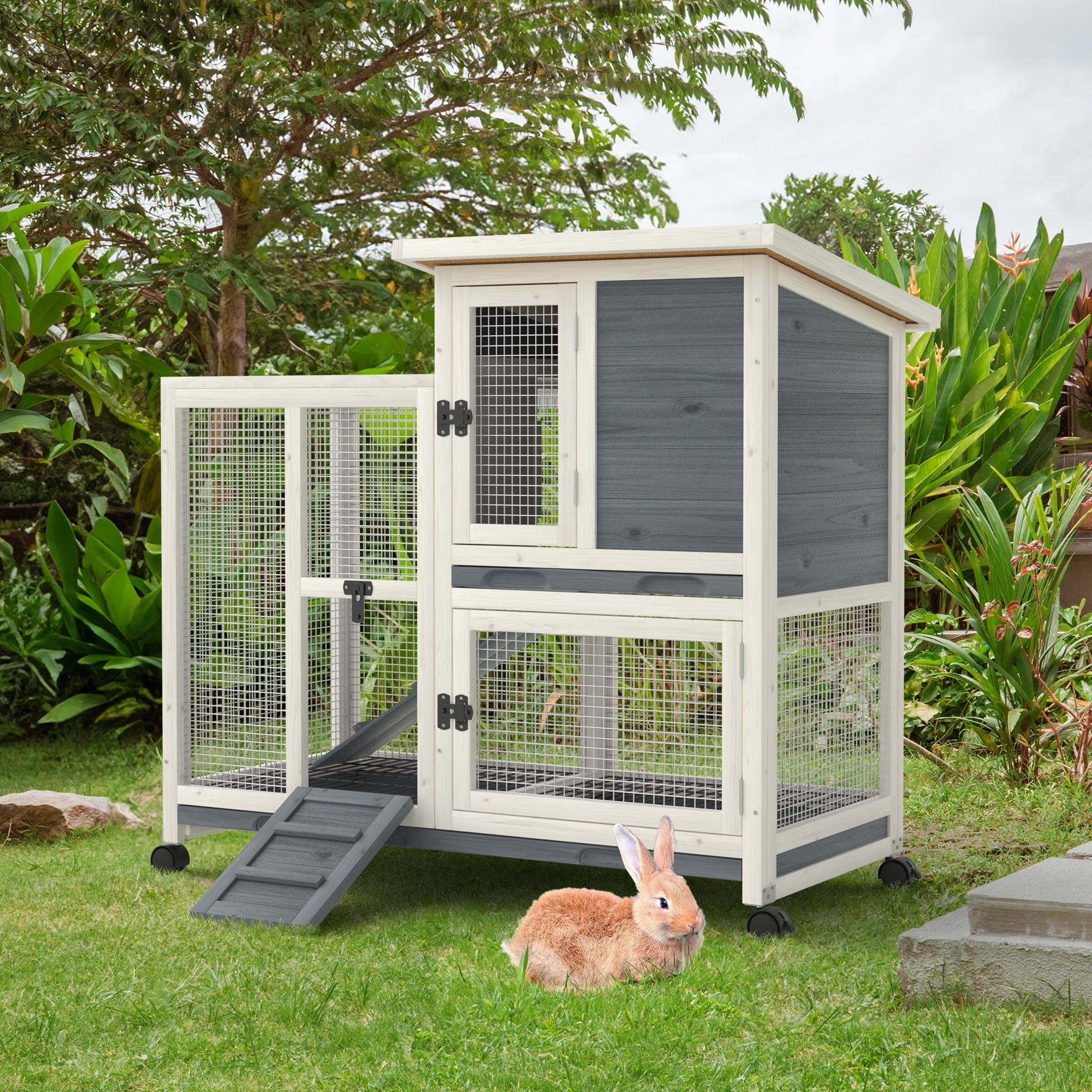 Rabbit Hutch Bunny Cage Outdoor Wooden House for Small Animals with Wheels,Grayish Blue
