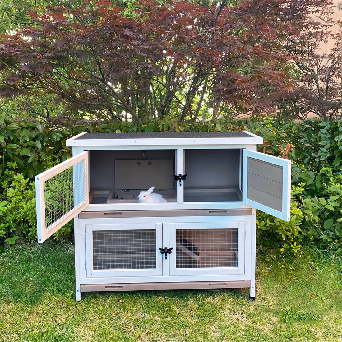 Rabbit Hutch, Double Rabbit Cage with Climbing Ladder and Tray