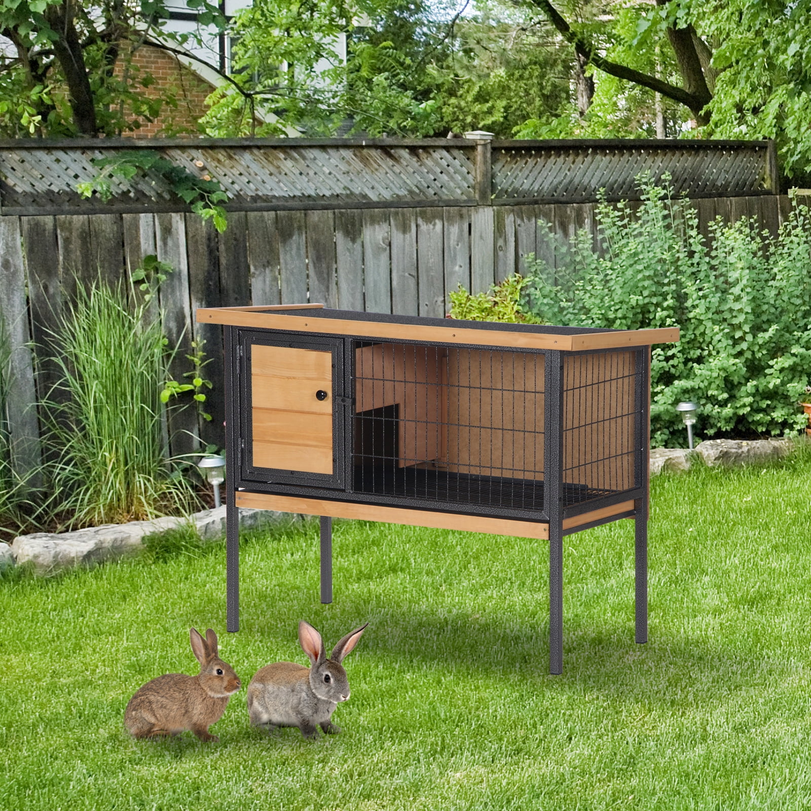 Rabbit Hutch Elevated Bunny Cage Small Animal Habitat with Metal Frame, No Leak Tray, Mtetal Wire Pan and Openable Water-Resistant Asphalt Roof for Indoor/Outdoor Natural Wood
