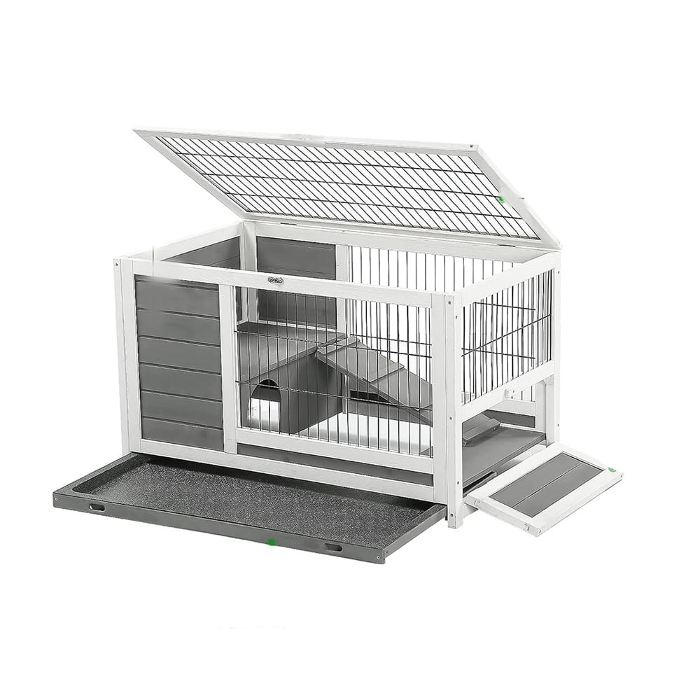 Rabbit Hutch, Freestanding Bunny Cage with Plastic Trays and Open Roof, 35.4" Wooden Outdoor