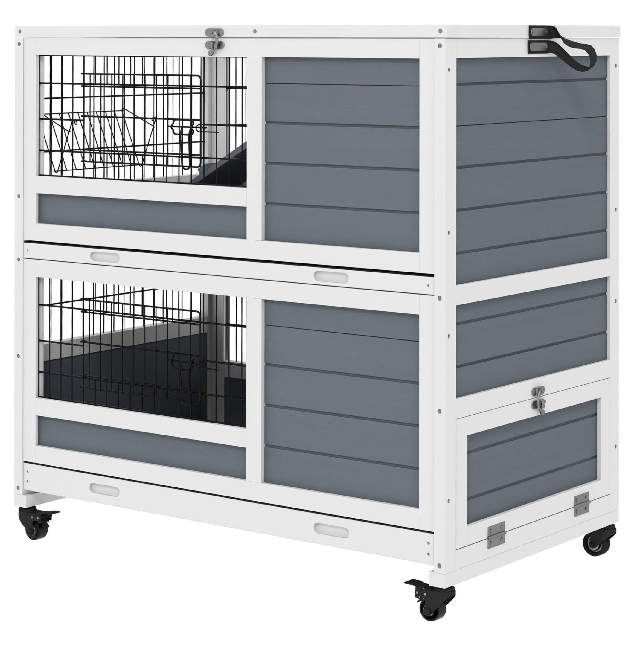 Rabbit Hutch Indoor 2-Tier, Gray Bunny Cage with Wheels & Trough ...