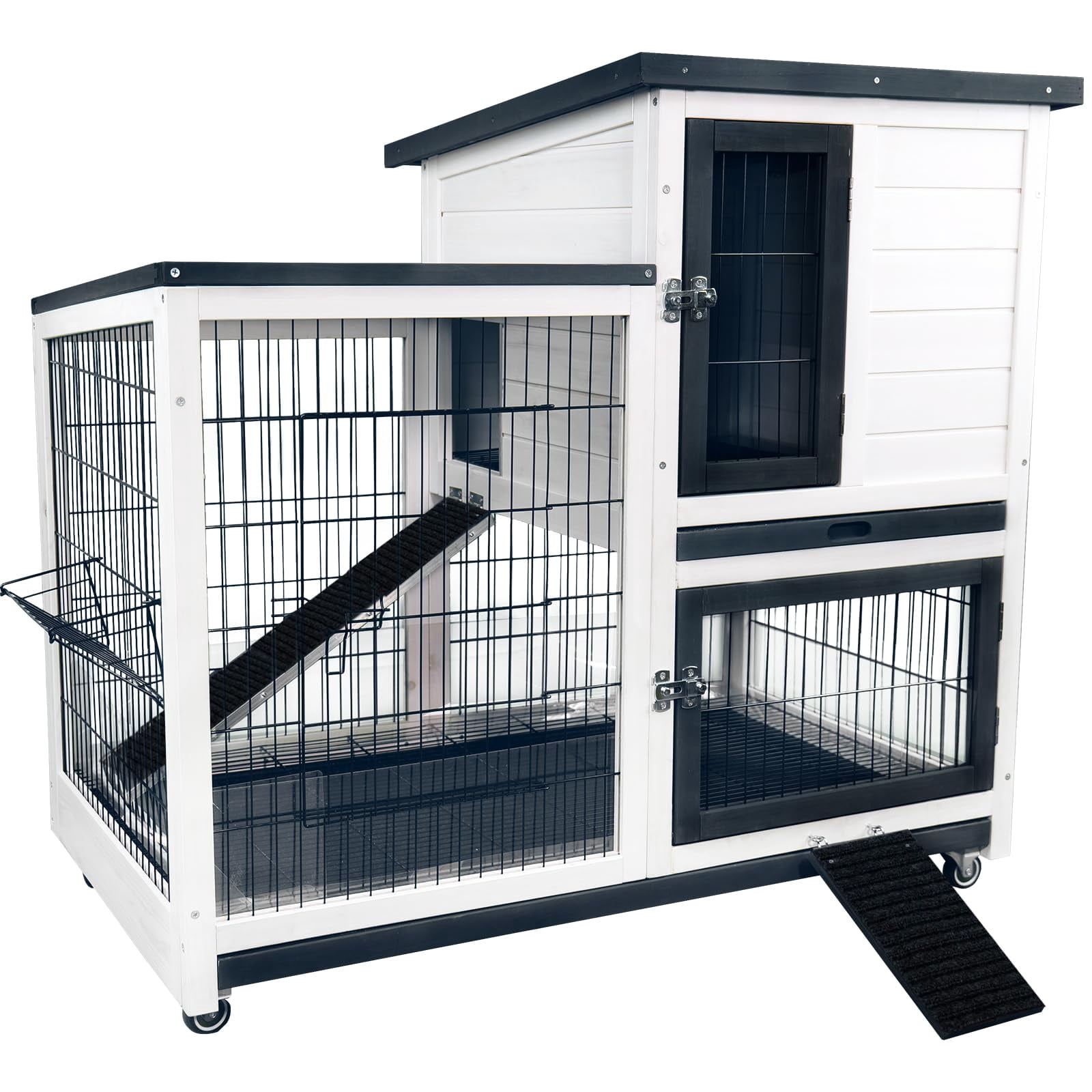 Rabbit Hutch Indoor Bunny Cage Outdoor 2 Storey Mobile Guinea Pig Cage with Urine Guards Wire Bottom 2 Deep Trays for Small Pets, White