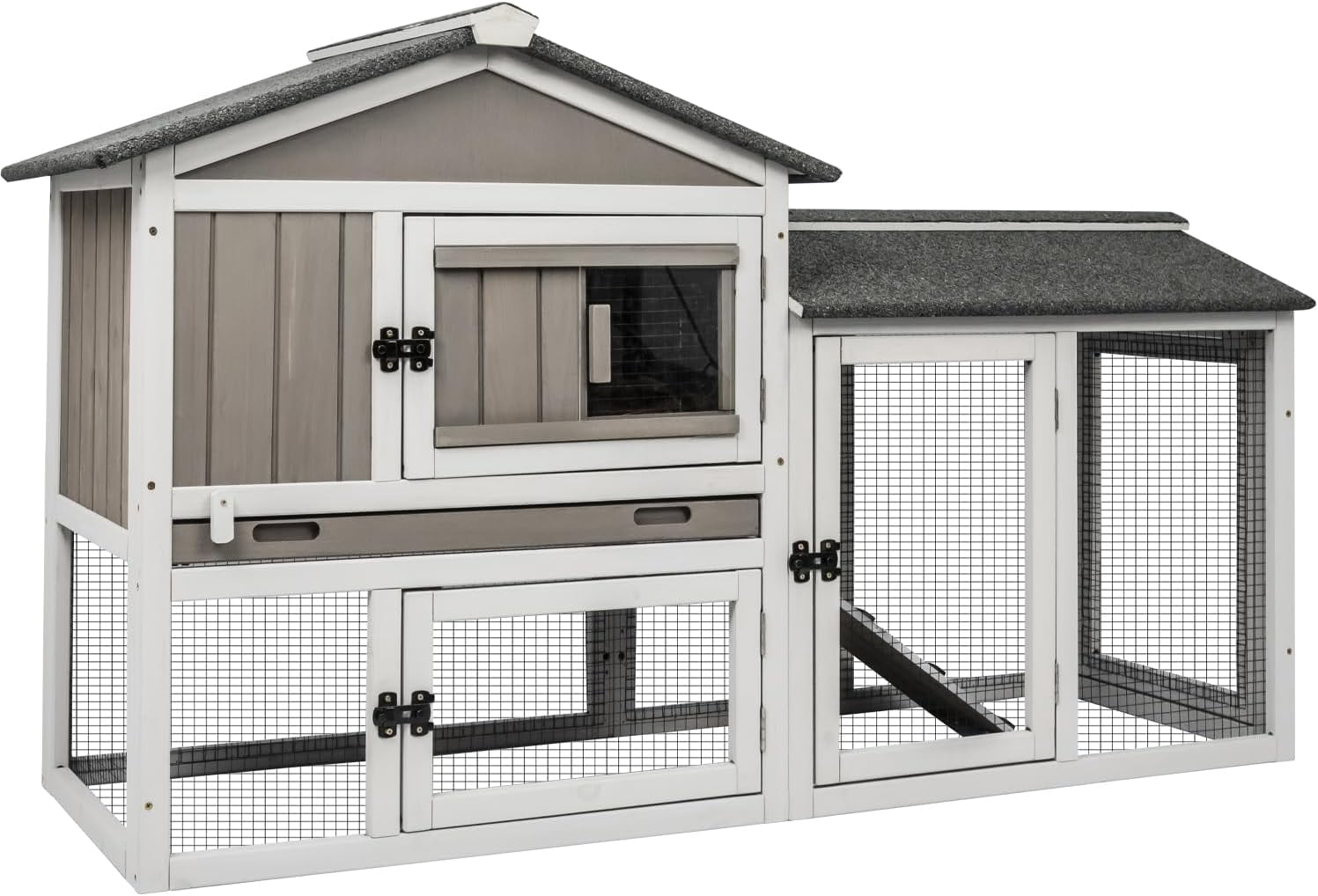 Rabbit Hutch Indoor Bunny Cage Outdoor Bunny Hutch with Pull Out Tray, Wooden Large Rabbit Cage with Run Weatherproof Roof, Guinea Pig Hutch (Grey, 55.1" L x 17.7" W x 33.4" H)